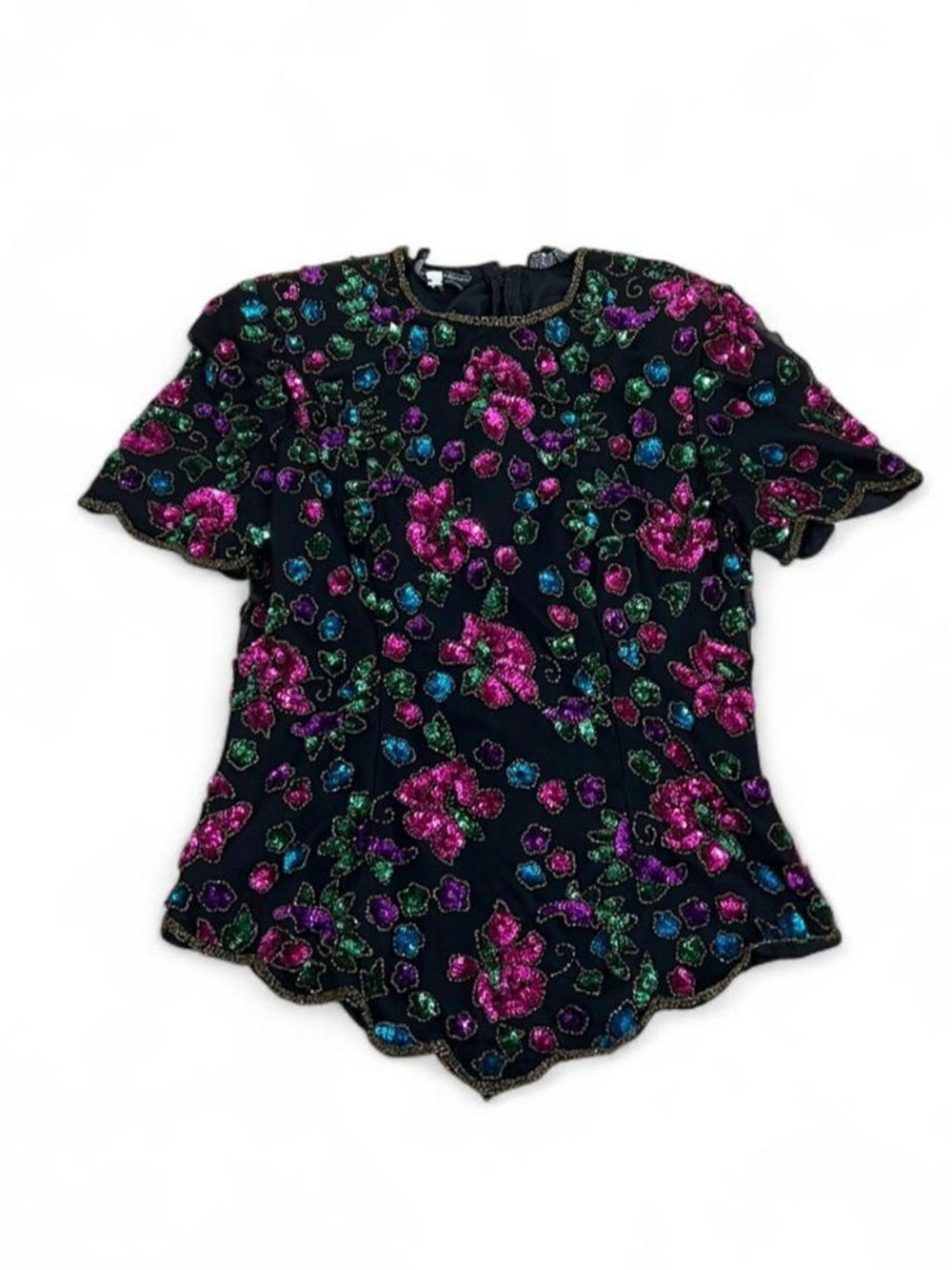Vintage 1980s Royal Feelings Silk Sequin Beaded Cocktail Blouse Large Floral